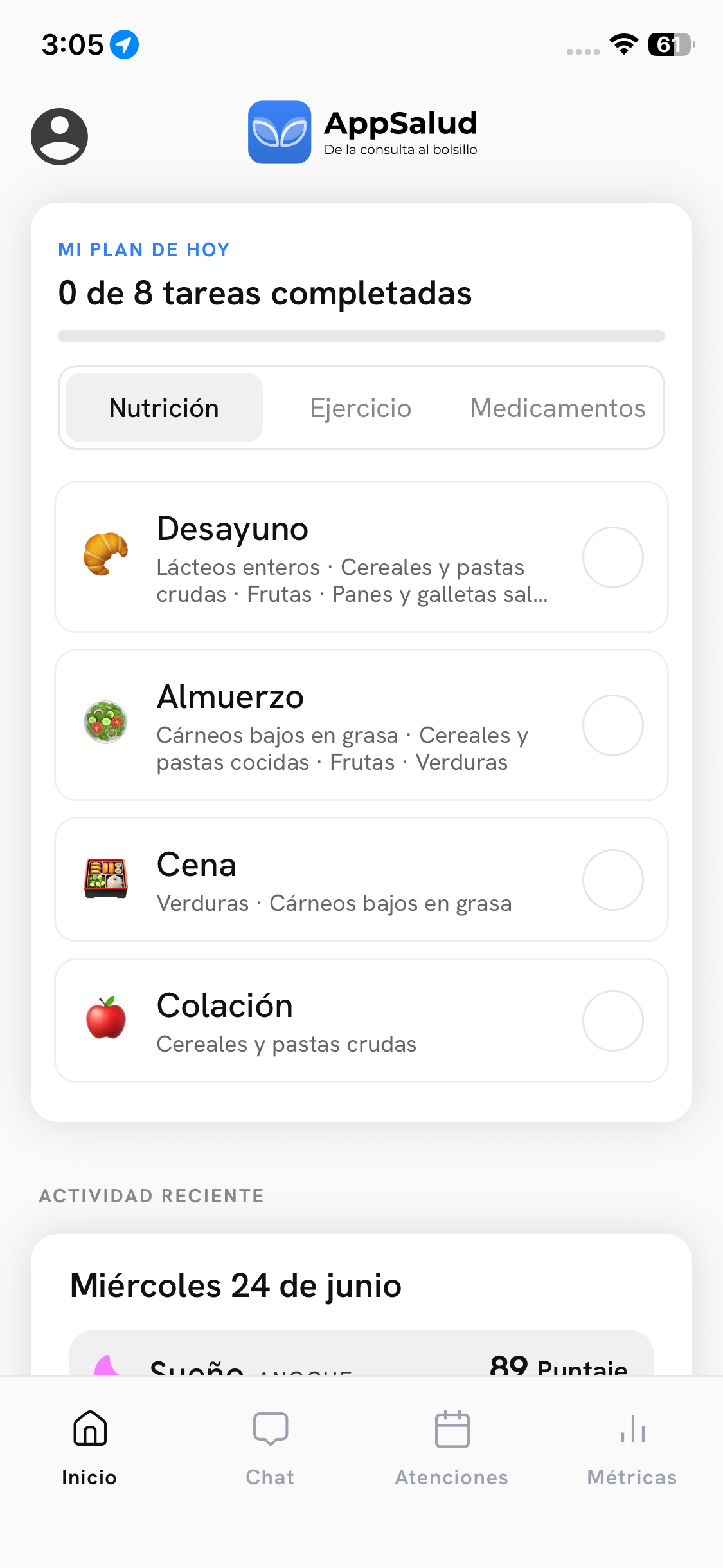Pantalla de inicio de App Salud: plan diario, actividad reciente y métricas