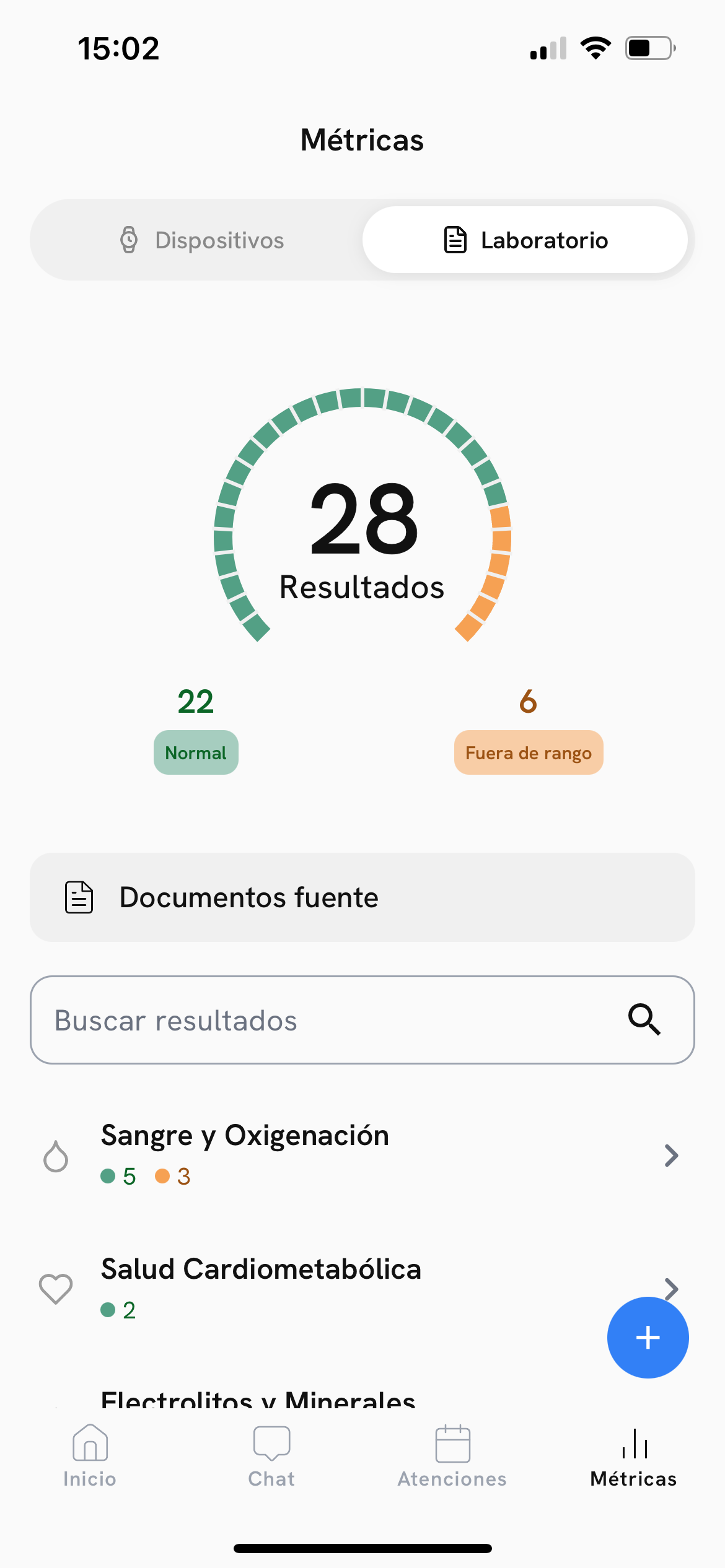 Sección de exámenes en App Salud: resultados de laboratorio organizados por categoría