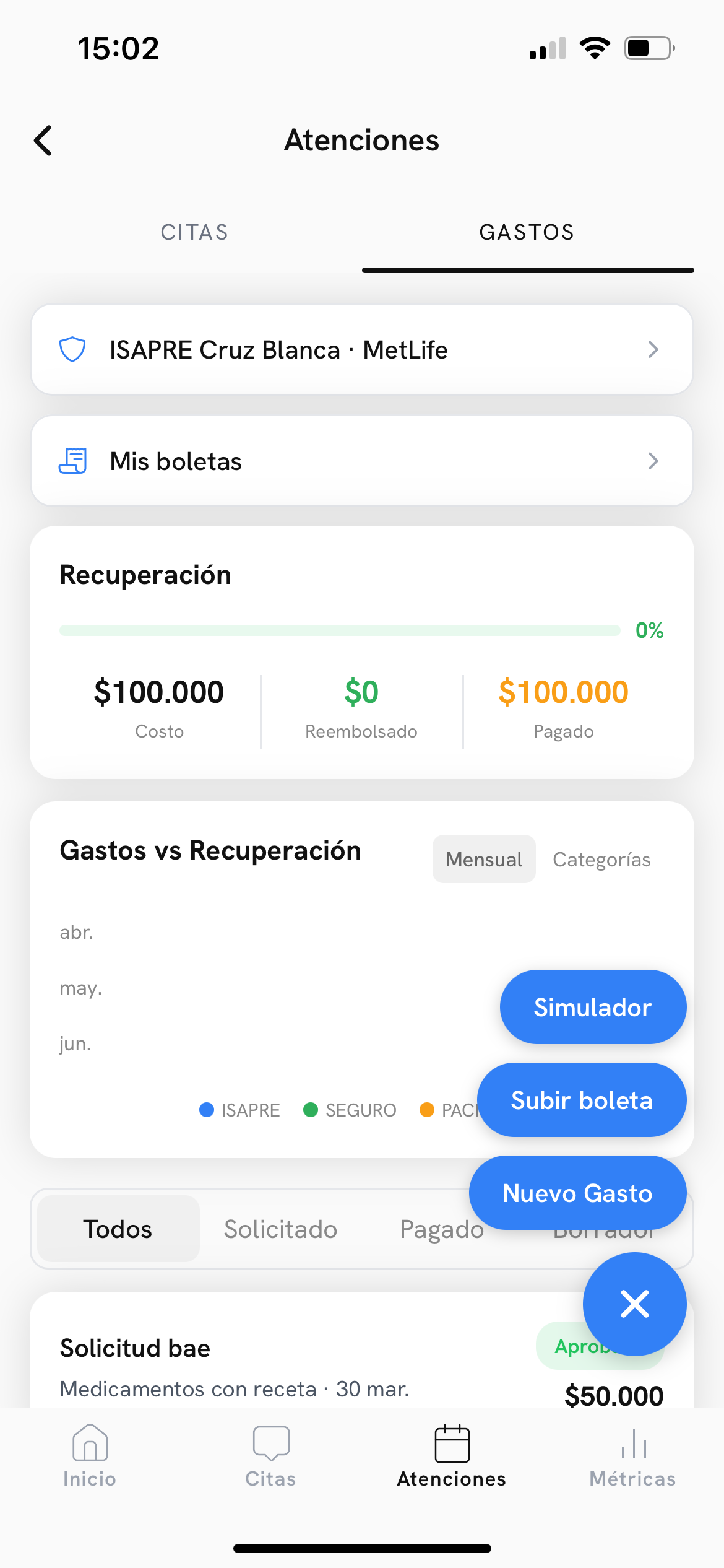 Sección de gastos y reembolsos en App Salud con seguimiento por estado